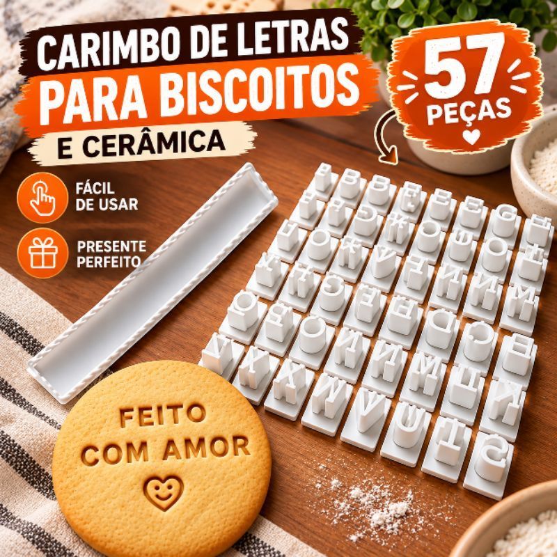 Kit Carimbo Alfabeto 57 Peças Biscoitos Confeitaria Pasta Americana Biscuit Argila Cerâmica Fria Letras 2cm Com Régua