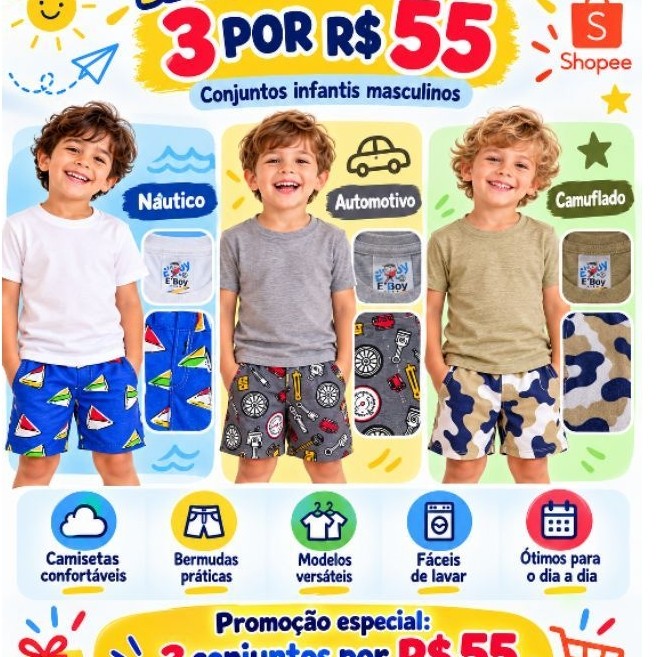 3 conjuntos por 55 / Conjunto infantil Masculino bermuda moletom Estampada/ Conjunto infantil menino promoção 6 peças