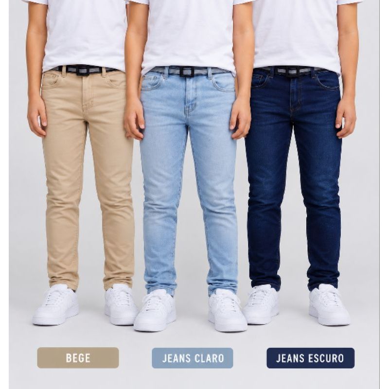 calça jeans infantil 3 cores sortidos com regulador ajustável na cintura do 2 ao 8 anos