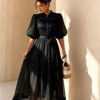 Vestido Longo Elegante Romântico Coreano - Manga Bufante com Detalhes em Renda