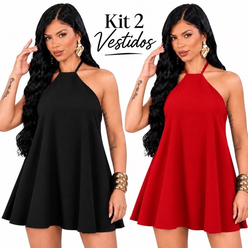 Kit 2 Vestidos Feminino Curto Frente Única Com Amarração Rodado Soltinho Tecido Dunas Casual Verão