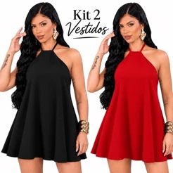 Kit 2 Vestidos Feminino Curto Frente Única Com Amarração Rodado Soltinho Tecido Dunas Casual Verão
