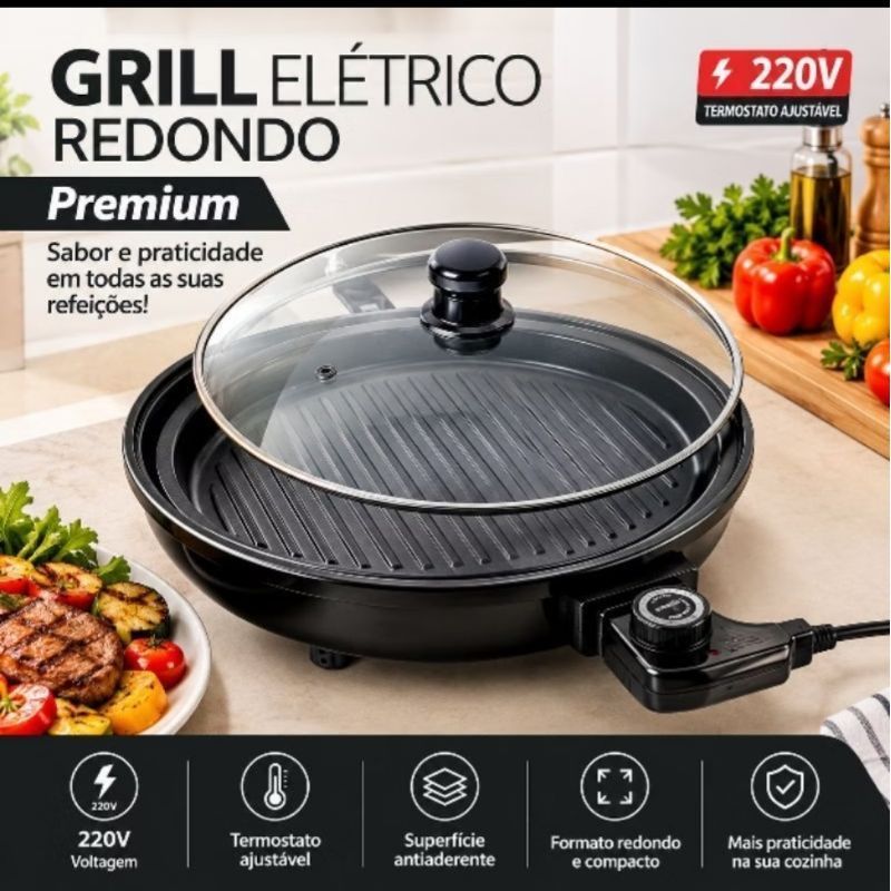 Grill Elétrico Redondo Premium 220V com Termostato Ajustável Antiaderente