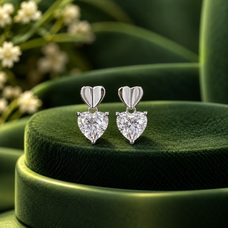 Brinco Moissanite Coração Pendurado 6,6mm em Prata 925