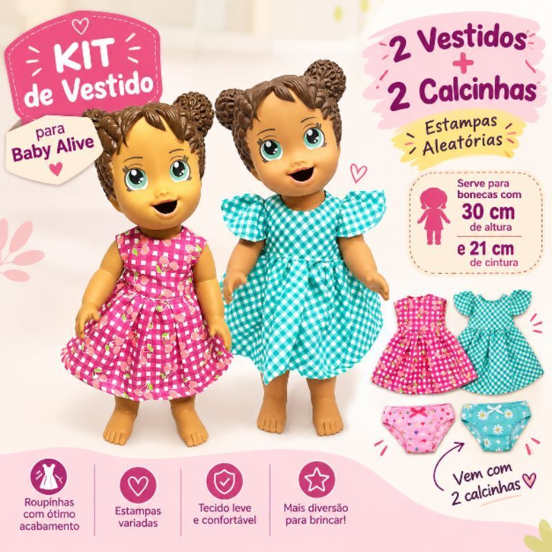 Kit de dois vestidos para Baby Alive, estampas aleatórias roupa de boneca