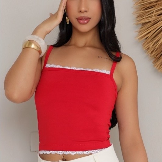 Blusinha Regata Cropped Feminina com Detalhe em Renda Moda Blogueira Gringa Delicada Alça Fina