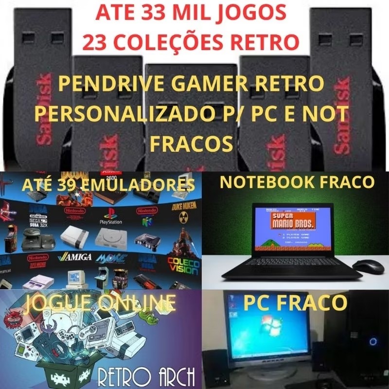 PENDRIVE RETRO GAMER WINDOWS PORTATIL 39 EMULADORES + 33.762 J - P/ PC E NOT FRACOS