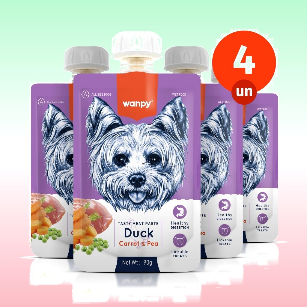 Kit 4 Petisco Truly Wanpy Creamy Sachê para Cães Pato Cenoura e Ervilha 90 G