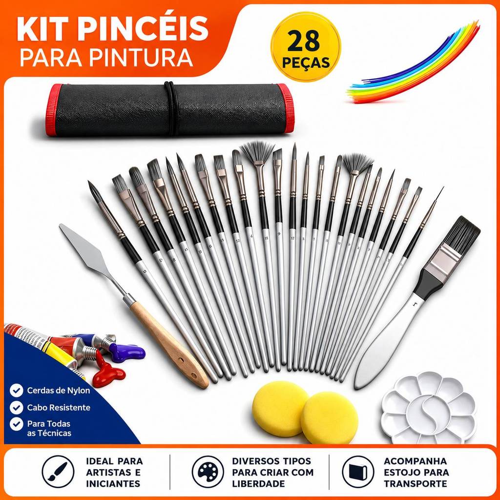 Pincéis Sintéticos para Aquarela Acrílico Óleo Guache com Estojo