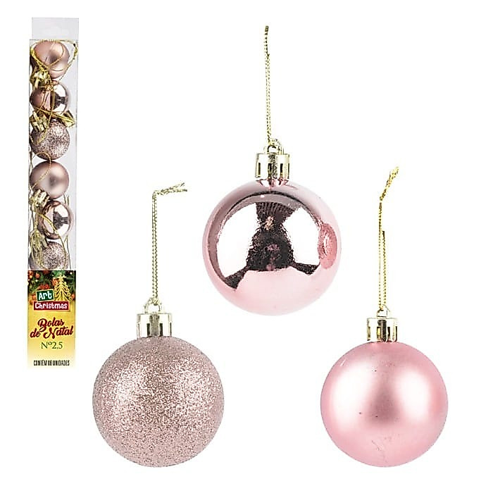 Kit 6 Bolinhas Rose 2,5cm Natal Enfeite Luxo Decorar Pendurar Árvore Bolas