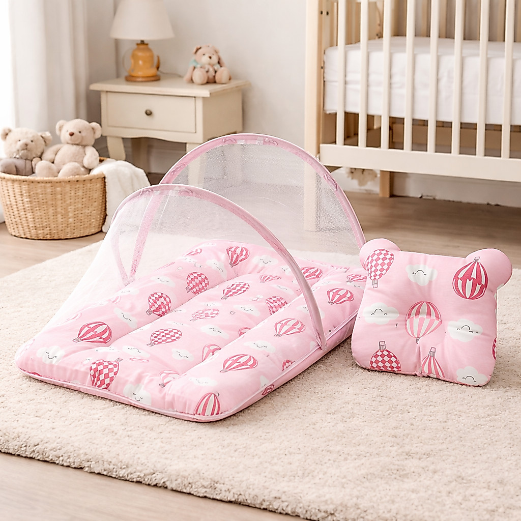 Kit Berço Portatil com Tela Anti Inseto Acolchoado  + Travesseiro Bebê Anatômico 100% Algodão