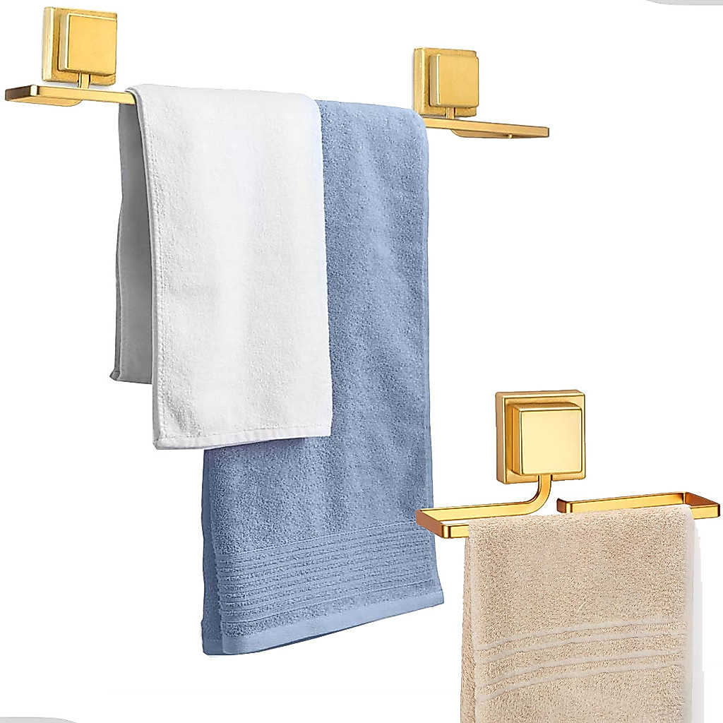 Kit Acessórios Banheiro Porta Toalha Rosto Banho Sem Furo Dupla Face 3M Dourado Arthi