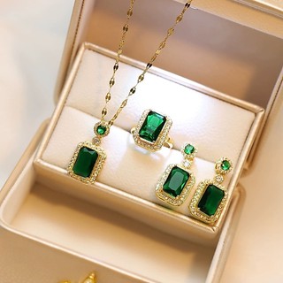 Conjunto De Joias Esmeralda Vintage 3 Peças Anel Brinco Pingente Verde Luxo Banquete De C…