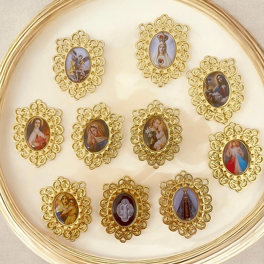 Entremeio Camafeu Para Terço Jesus Nossa Senhora Santos Dourado Cataforético Imagem Religiosa