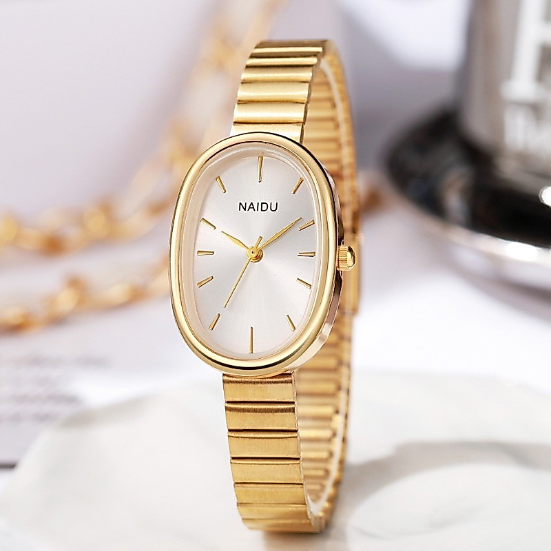 Relógio De Quartzo Feminino Luxo Em Forma Oval Moda Mini Caso Pequeno Numeral Romano Dial Banda De Metal Completo
