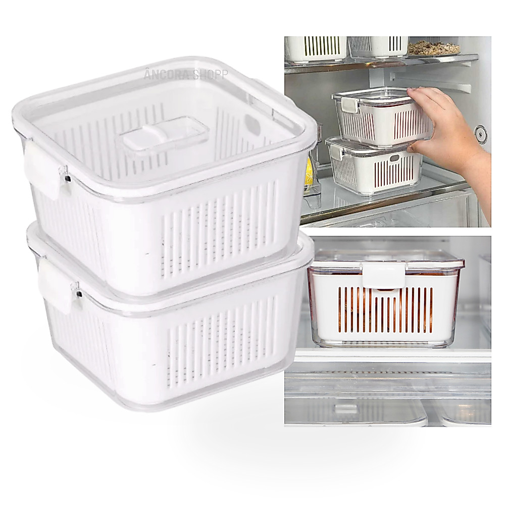 Kit 2 Pote Geladeira Hermetico Acrílico 1360ml Cesta Para Alimento Fruta Verdura Legume Conserva