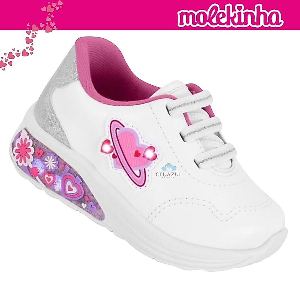 Tênis Infantil Molekinha Baby LED Detalhe Corações Conforto