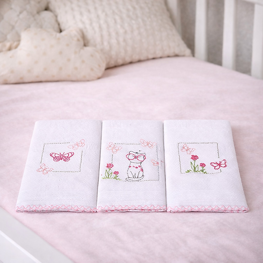 Kit Pano De Boca Bordados Papi Gatinha E Borboleta - 3 Peças