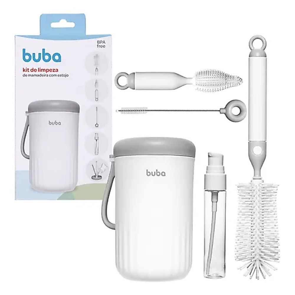 Kit Limpeza Mamadeira Buba 5 em 1 Portátil com Estojo Escovas Silicone e Dispenser