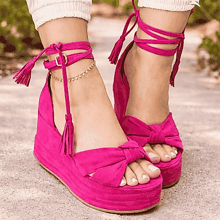 Sandália Anabela Pink Feminina Plataforma Amarração Strappy Tendência Moda Conforto