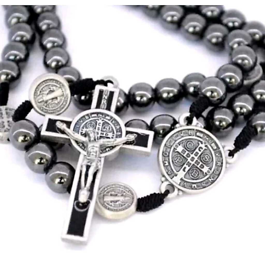Colar Terço Masculino Hematita São Bento Com Crucifixo