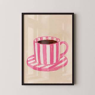 Quadro Decorativo Arte Minimalista Xícara Rosa Café Com Moldura