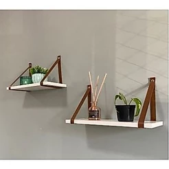 Kit 2 Prateleira Mdf Branca 45x15 Alça Marrom Couro Ecológico Resistente