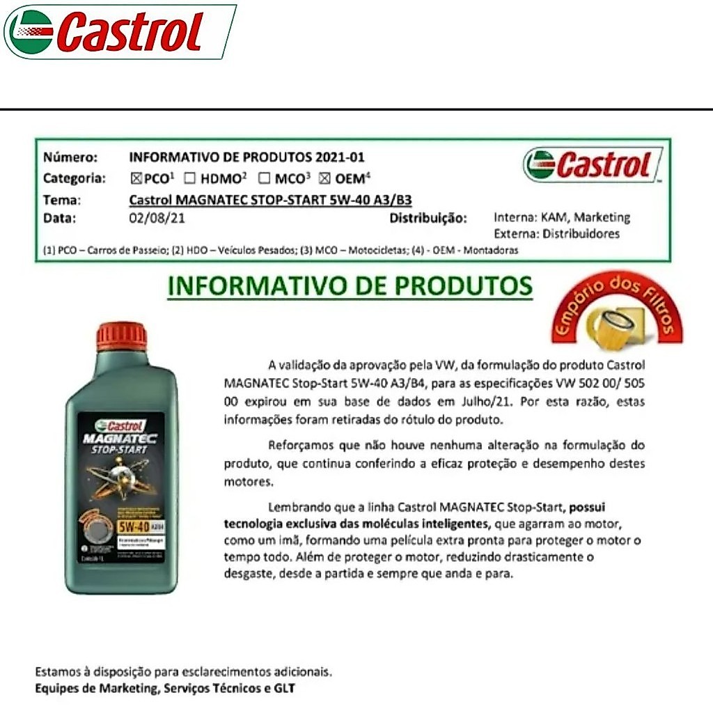 KIT TROCA DE ÓLEO VOYAGE CASTROL MAGNATEC 5W40 A3/B4 + FILTROS (VW) — imagem 2 de 2
