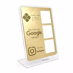 Plaquinha Insta, Google e Pix, Dourado e Transparente G, Display de Mesa para Comércios e Restaurantes