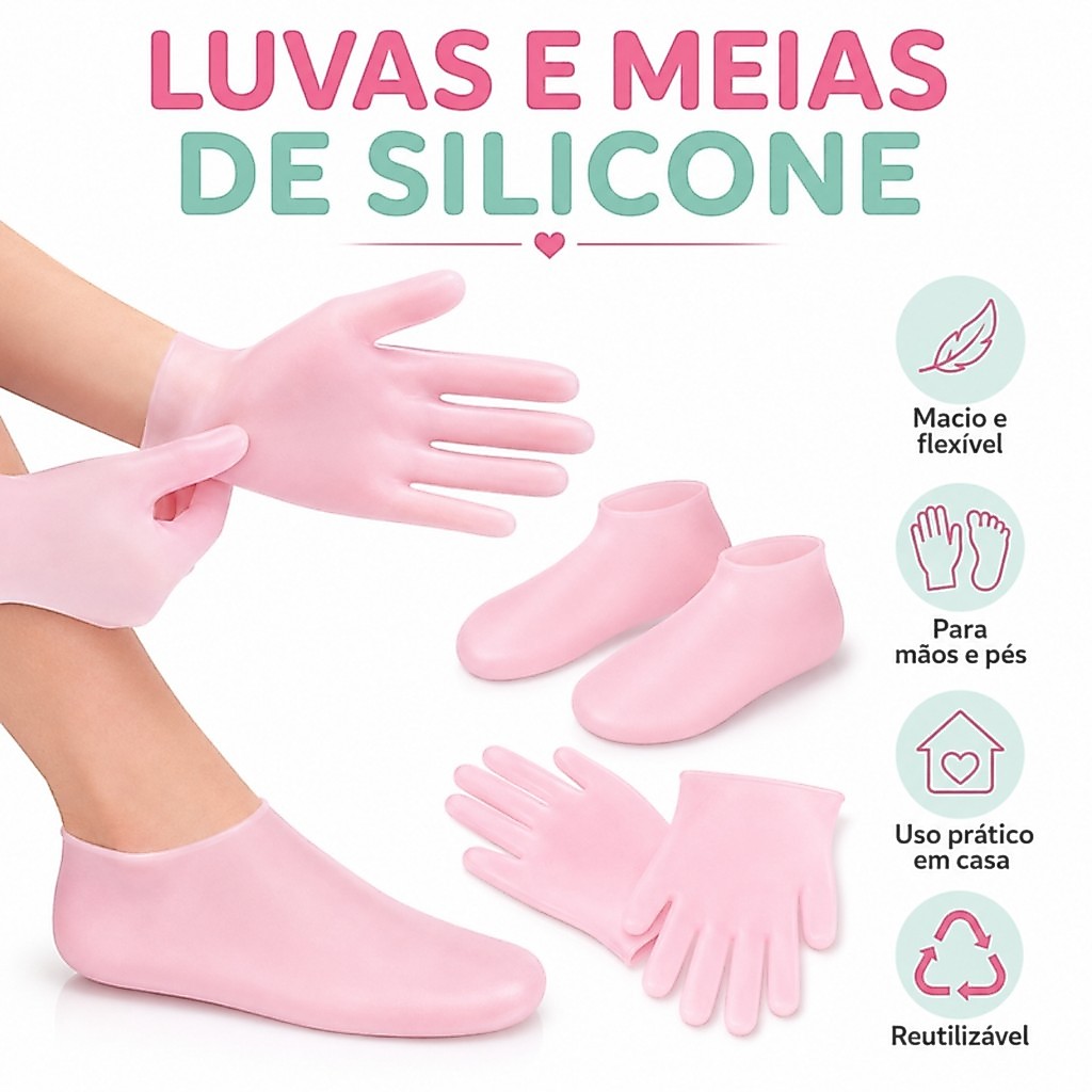 Luva e Meia de Silicone Grande Hidratação Esfoliante Mãos e Pés Ressecados Reutilizável