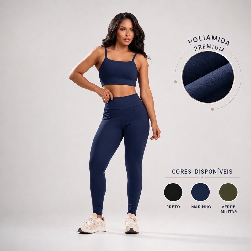 Conjunto Fitness Feminino Poliamida Top e Legging Cintura Alta Academia Premium