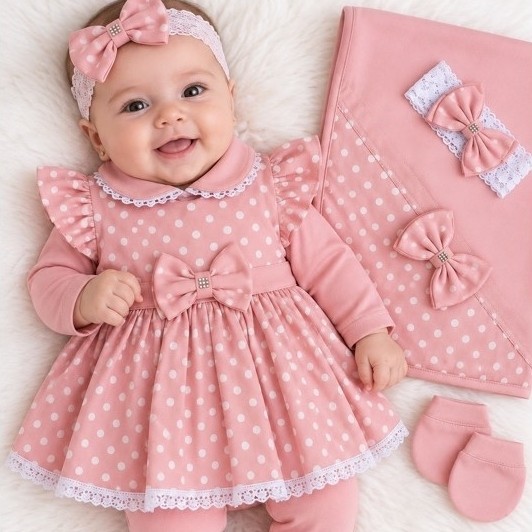 Saida De Maternidade Bebê Menina Manu Rosa Bolinhas 100% Algodão - 5 Peças | Diversas Modelos Lindos