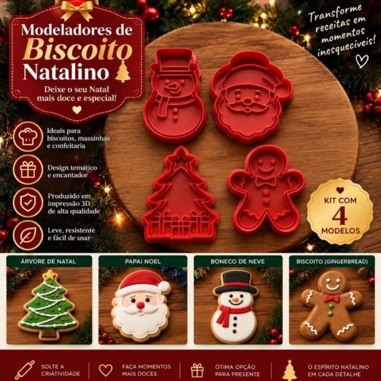 Kit 4 Cortador Biscoito NATAL Marcador Carimbo de Massa Pasta Americana