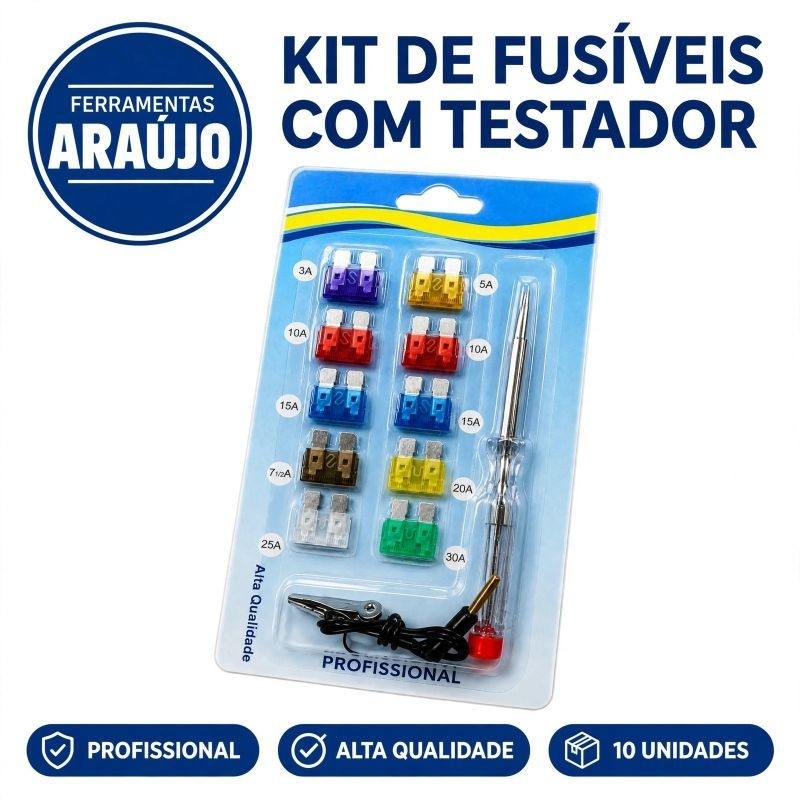 Kit Fusível Automotivo 10 Peças + Chave Teste Garra Jacaré Universal Carro Moto