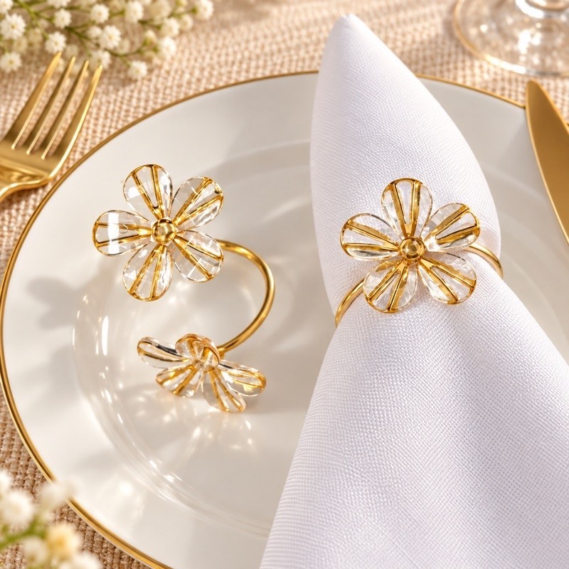 Kit 6 ou 12 Anéis de Guardanapo Flor Cristal Transparente Dourado – Mesa Posta Elegante