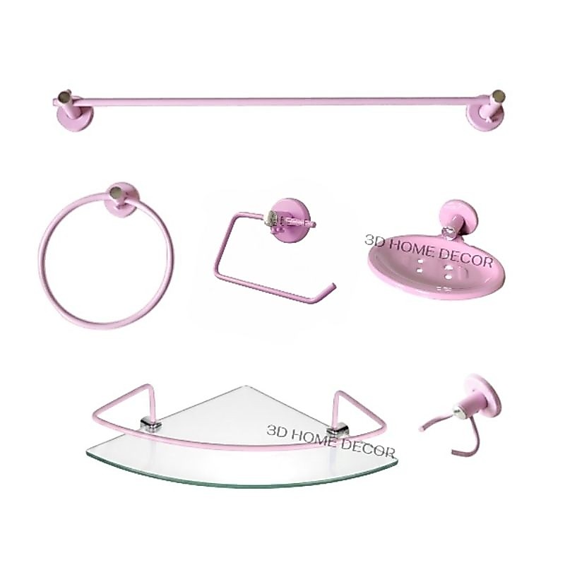 Kit Acessórios P/ Banheiro Cor Rosa Papeleira INOX Porta Shampoo Reto 5 Peças Saboneteira Rosa