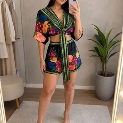 Conjunto Floral Feminino Verão 2026 Cropped & Short Estampado Tropical Tamanho Único Estilo Veranieiro