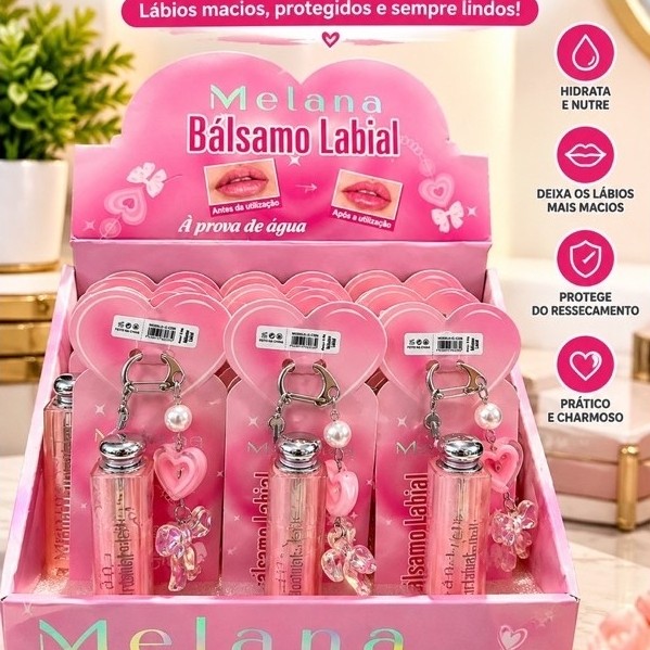 Lip Balm Melana Bálsamo Labial Hidratante com Chaveiro e Pingente 1 Unidade Lábios Macios Anti Ressecamento
