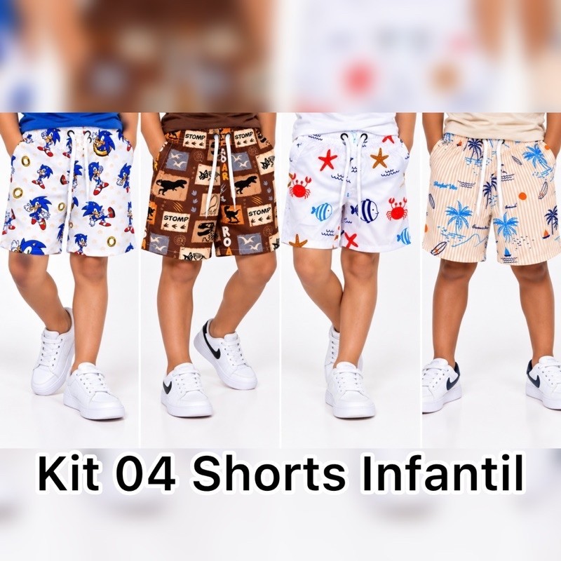 Kit 04 Shorts Tactel Sortidos Estampas Variadas Shorts Tactel Infantil Juvenil 1 a 12 Anos Estampadas  Praia Piscina.