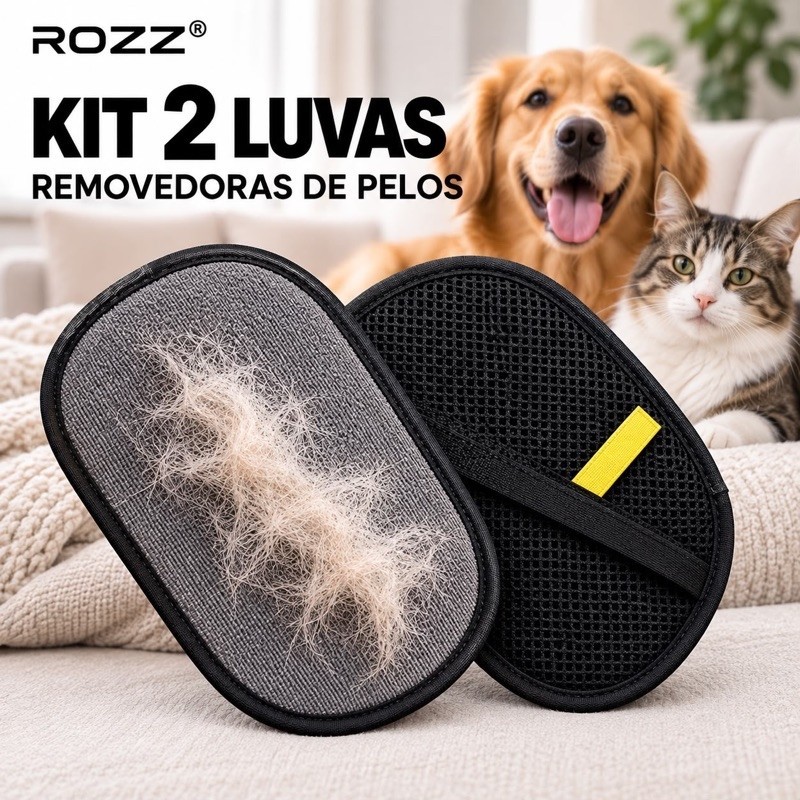 Kit 2 Luvas Removedoras de Pelos Pet Escova Dupla Face Cachorro Gato Sofá Roupas ROZZ