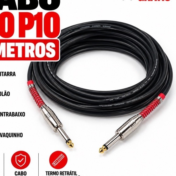 Cabo P10 P10 5 Metros para Guitarra Violão Contrabaixo Cavaquinho