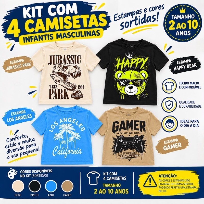 Kit 4 Camisas Infantil Masculina Algodão – Estampas e Cores Sortidas – Tamanho 2 ao 10 Anos