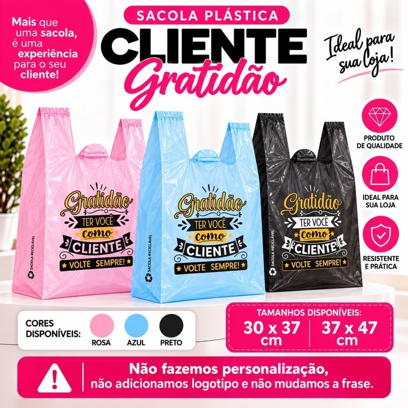 Kit 100/200un Sacola Plástica Alça Camiseta Gratidão Cliente Loja Presente Embalagem PEAD 30x37cm e 37x47cm