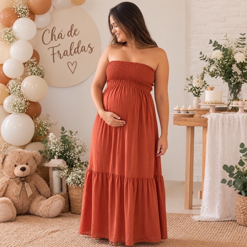 Vestido Longo Gestante Tomara que Caia e alca com Lastex Moda Feminina Elegante Confortável