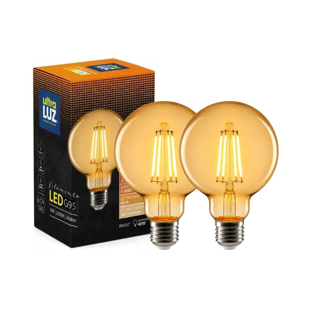 Kit 2 Lâmpadas LED Filamento Retrô G95 4W 2300K Branco Quente E27 Bivolt Ultraluz
