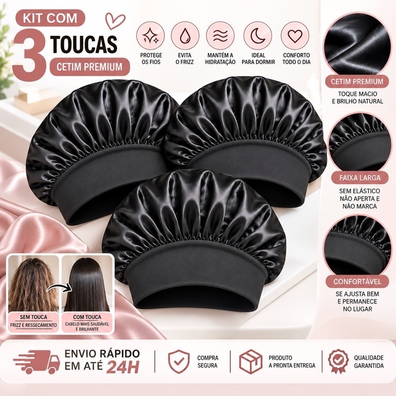 Kit com 3 Toucas de Cetim com Faixa Larga Anti Frizz Confortável