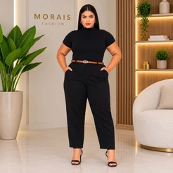 Calça Feminina Alfaiataria Social Cintura Alta Com Cinto Plus Size Elegante