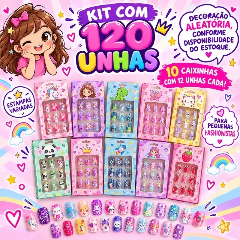Kit 36 / 72 / 120Unhas Postiça Infantil 3 / 6 / 10Caixas （1caixa com 12 unhas）Cores Sortidas — imagem 2 de 2