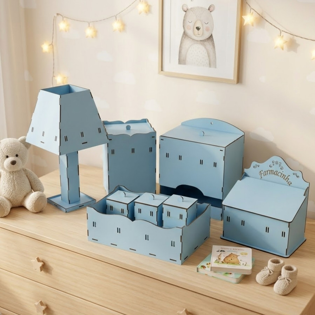 Kit de Higiene Bebe MDF Cru Completo com Passa Fita - Escolha sua cor