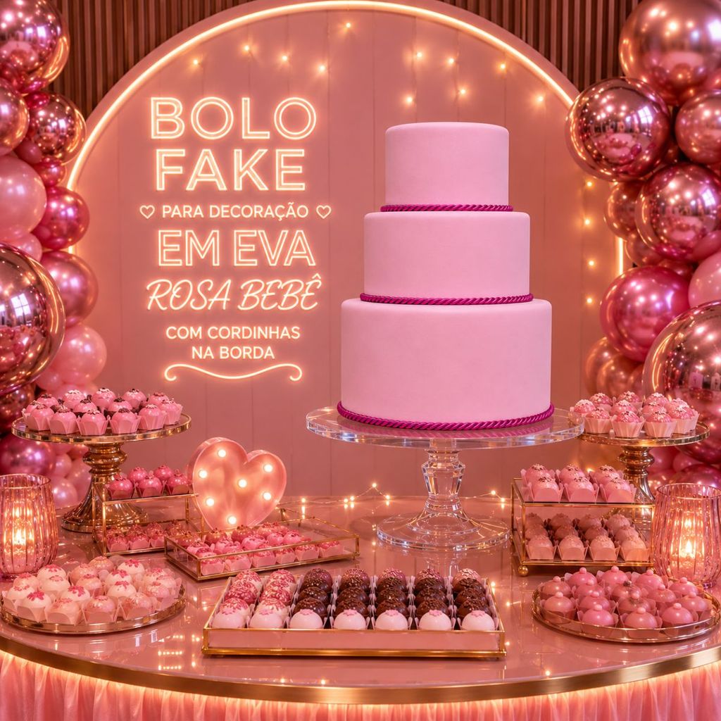 Bolo Fake 3 Andar Encapado Com EVA Rosa Bebe Cordinha Profissional Na Borda Festa Decoração